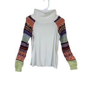 Free People Mixed Knit Cowl Neck Sweater S Boho Patchwork Fair Isle Sleeve Prism